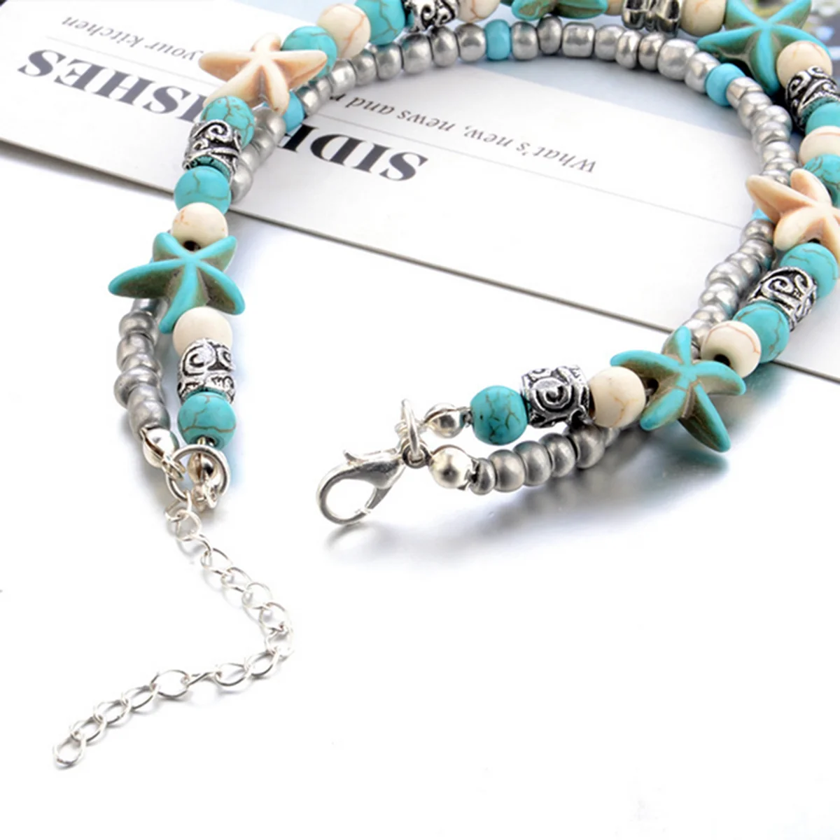 Retro Ethnic Style Sliver Plated Ankle Bracelet Starfish Beads Sea Turtle Anklet Vintage Charms Jewelry Birthday Gifts For Women