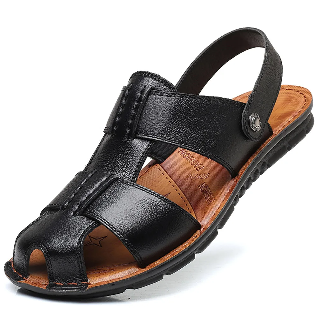 SAGACE/мужские сандалии на плоской подошве; кожаные Вьетнамки; классические пляжные шлепанцы в римском стиле; мужские повседневные Нескользящие сандалии; большие размеры 39-46 - Цвет: Black