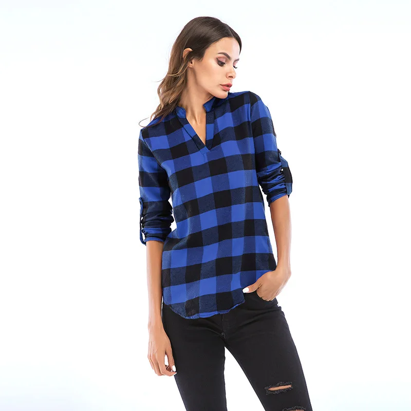 Women Brand Plaid Shirts 2018 Autumn New Long Sleeve V-Neck Blouses Lady Vintage Cotton Shirt Female Casual Tops Plus Size 6XL Blouses