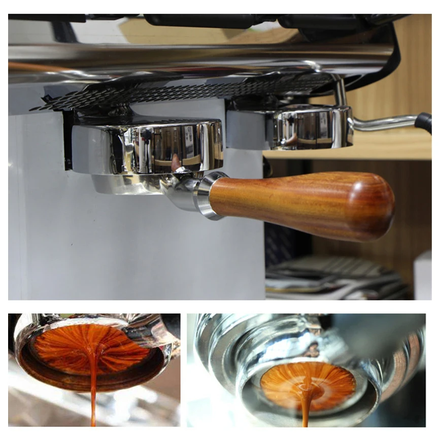  58MM Stainless Steel Coffee Machine E61 Bottomless Filter Holder Portafilter Acid Branch Wooden Han