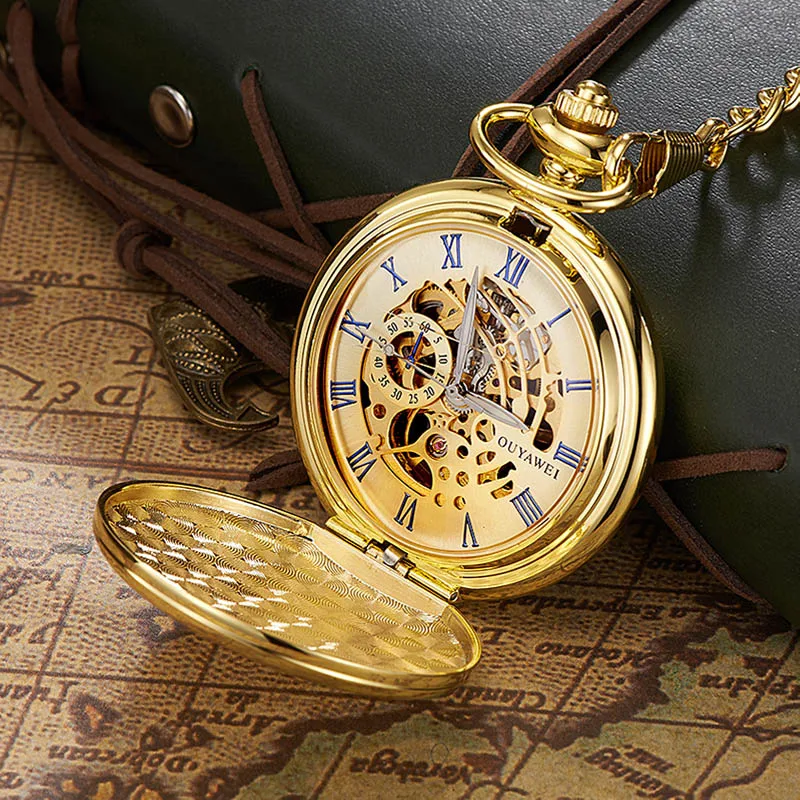 OUYAWEI Brand Luxury Gold Double Hunter Pocket Watch Mechanical Hand Wind Skeleton Fob Chain Watches Men 2