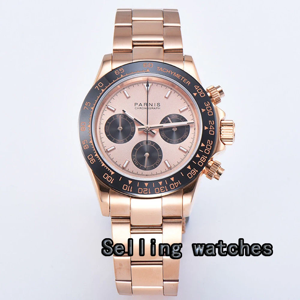 

39mm PARNIS black rose gold dial sapphire golden case full Chronograph quartz mens watch