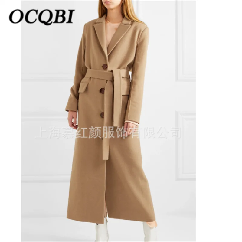 

Korean Elegant Women Cashmere Long Camel Belt Fashion Designer Fleece Plus Size Coat 2019