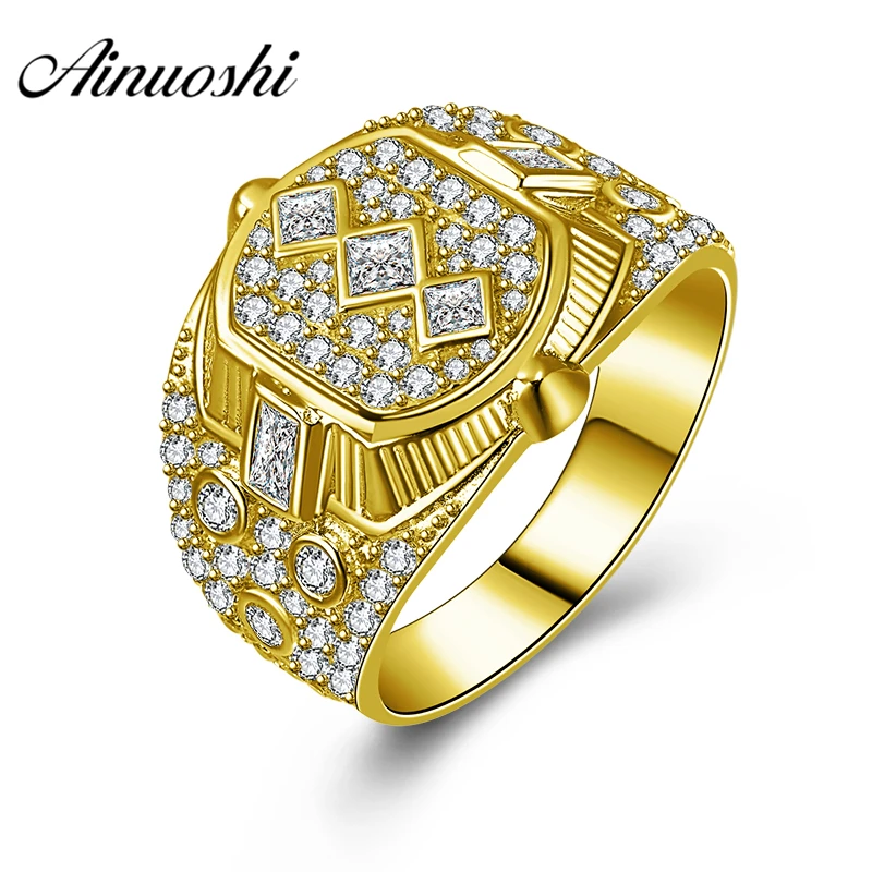 

AINUOSHI Luxury 10K Solid Yellow Gold Men Ring 7.6g Wedding Band Geometric Pattern Ring Wedding Engagement Gold Jewelry Men Band