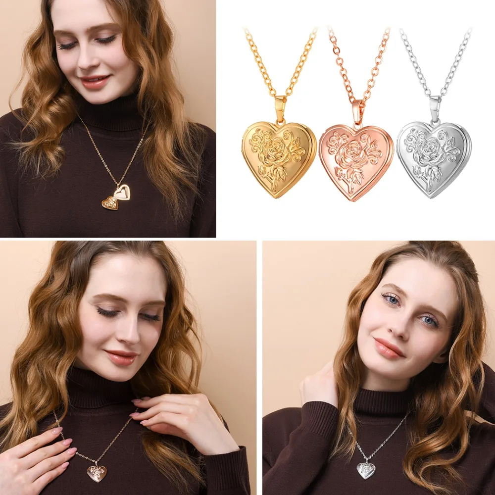 U7 Heart Necklace Pendant Photo Locket Frame Memory Jewelry Rolo Chain 22