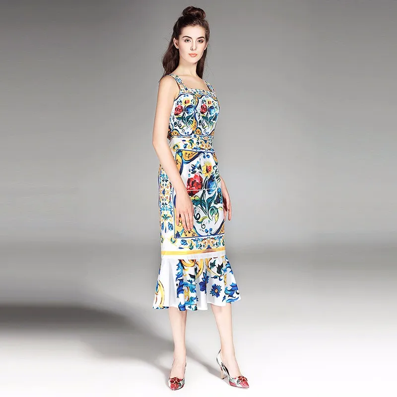 azul e branco porcelana impressão casual trompete