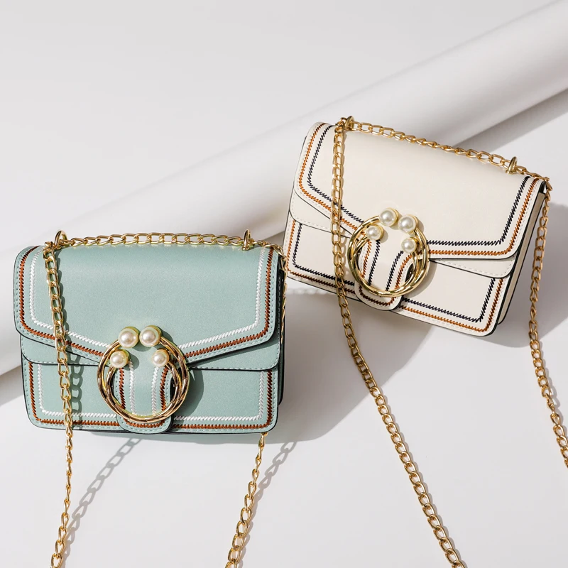 

KYYSLO Pu leather chain bags for women Pearl lock simple European and American fashion line crossbody shoulder messenger bags