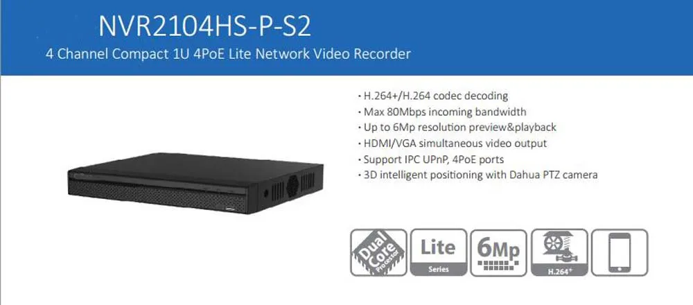 

DAHUA 4/8CH Compact 1U 4/8PoE NVR MAX 6MP Recording Solution English Version without Logo NVR2104HS-P-S2/NVR2108HS-8P-S2