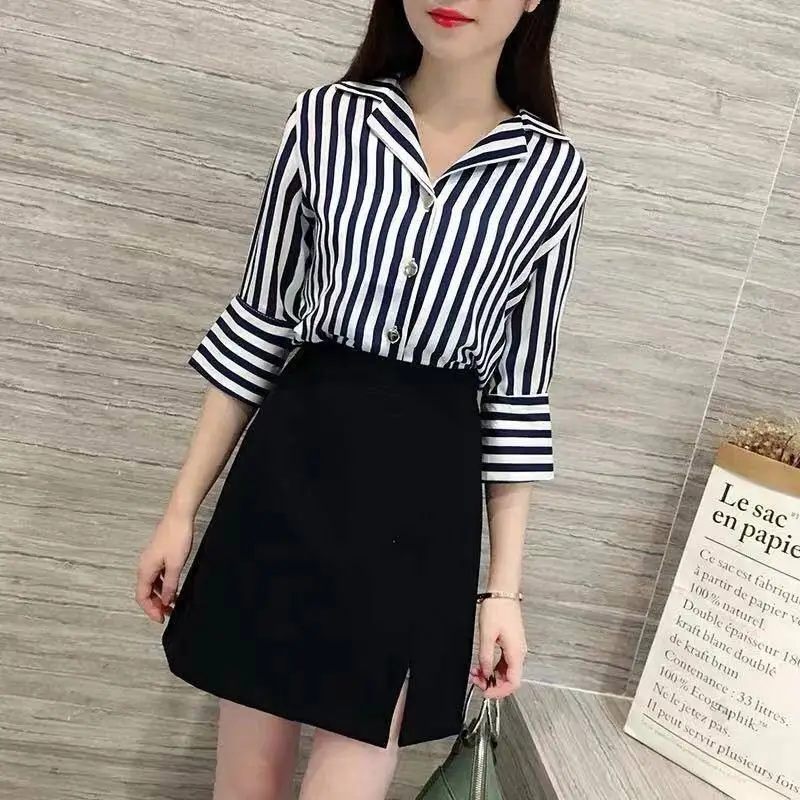 

New Summer Fashion Women Tracksuit Clothes Female Striped Tops Blouse And Skirts Suits Sets Ladies Two 2 Piece Set Outfits F117