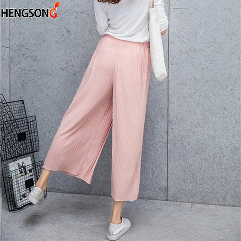 

Hengsong 2018 New Arrival Women Fold Pleated Palazzo Solid Long Pants Women Casual Pants Mid Waist Wide Leg Pants 713211