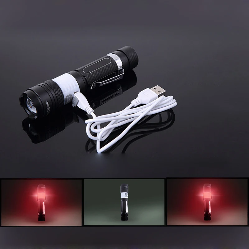 USB Charging LED Flashlight with Red Signal SOS for Outdoor Powerful USA 18650 Flashlight with