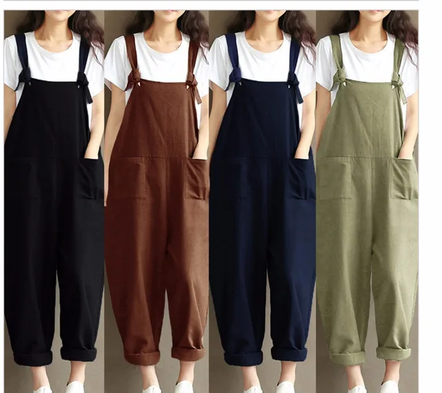 Plus size 5xl women sleeveless pocket Overalls Salopette femme women cotton vintage loose dungaree trousers strappy jumpsuits
