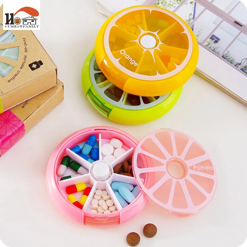

CUSHAWFAMILY Portable fruit style 7grid seal rotation Storage Cases Jewelry candy Storage Box Vitamin Medicine Pill Container
