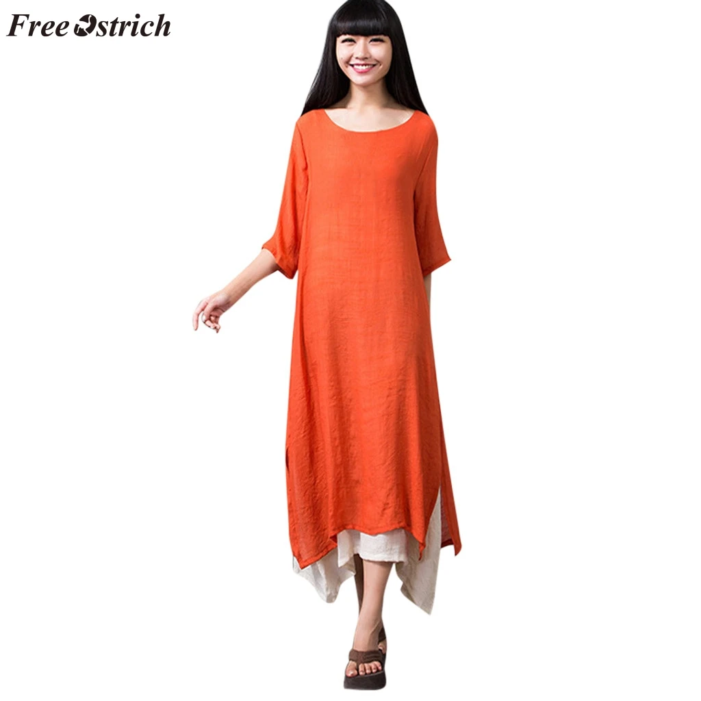 

FREE OSTRICH Dress women's fashion comfortable cotton linen dress O-neck national wind seven-point sleeve loose large size dress