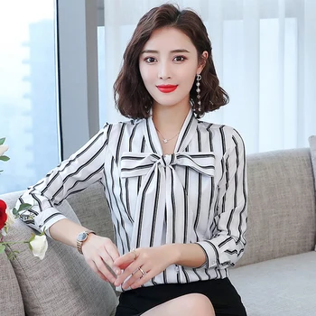 

Chiffon Professional Women's Blouse Striped Shirt Women Bowknot Blusas Office Lady Chemise Femme Ladies Tops Camisas Mujer