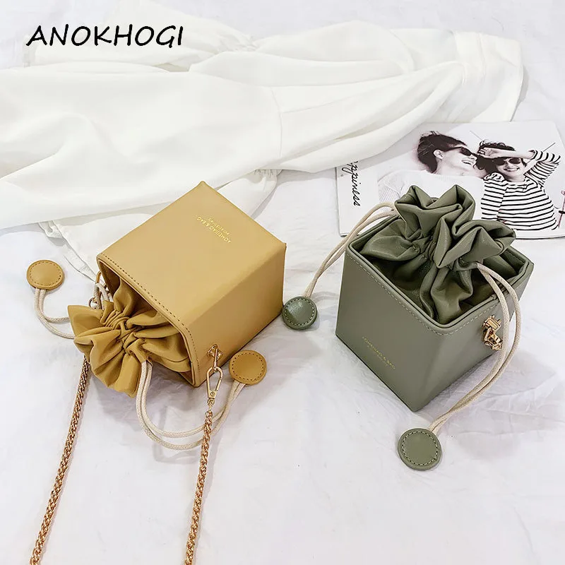 

Solid Square Shape Women Fashion Shoulder Bags Bucket Yellow Tassels Leather Ladies Mini Crossbody Bag Metal Chain Handbags B395