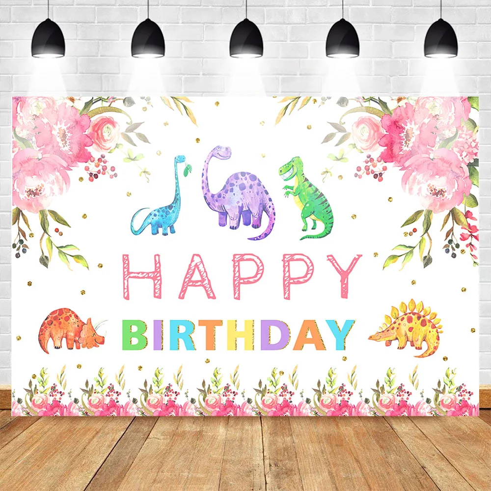 

Neoback Watercolor Dinosaur Backdrop for Photography Pink Flower Happy Birthday Photo Background for Children Glitter Wave Point