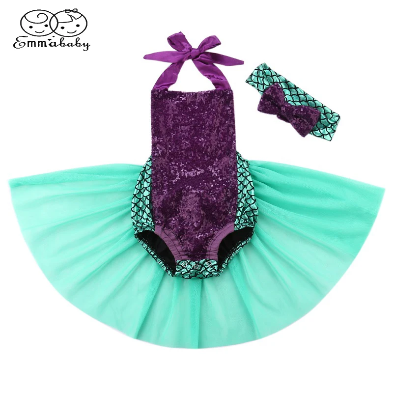 Emmababy Sequin Mermaid Toddler Baby Girls Lace Tutu Romper Sunsuit Clothes Costume+Headband Sets