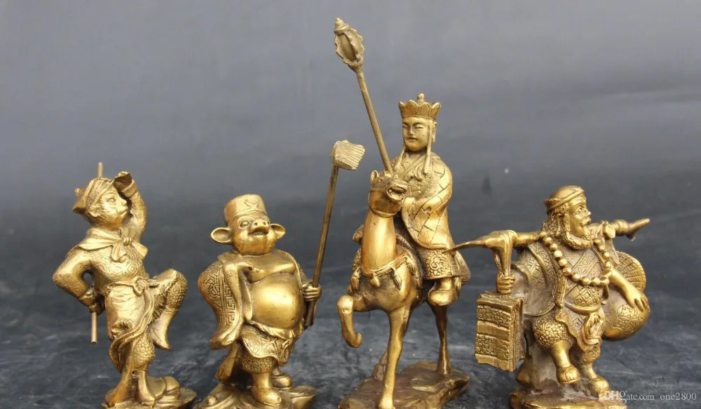 8" China Buddhism Brass Sun WuKong Tang SanZang Xi You Ji Set Buddha
