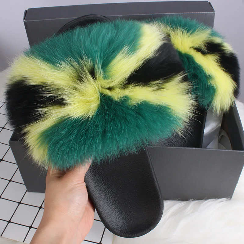 Wholesale Real Fox Fur Slippers Lady Plus Raccoon Fur Slides Flip Flops Vogue Fluffy Fur Sandals ...