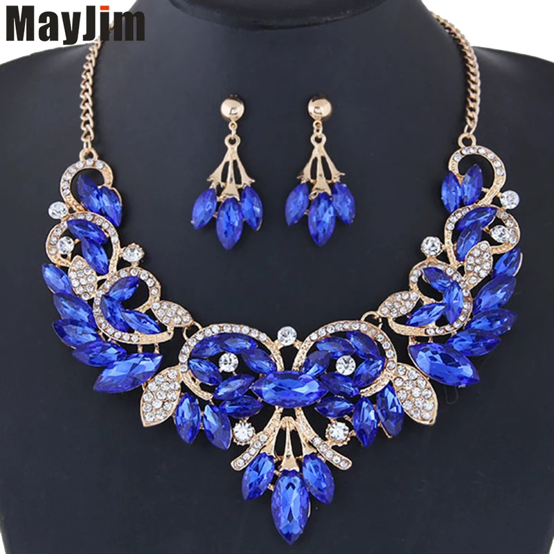 MayJim Fashion long chain Jewelry Sets Geometric Crystal Flower Necklace Earring Women Big brand Wedding Vintage | Украшения и