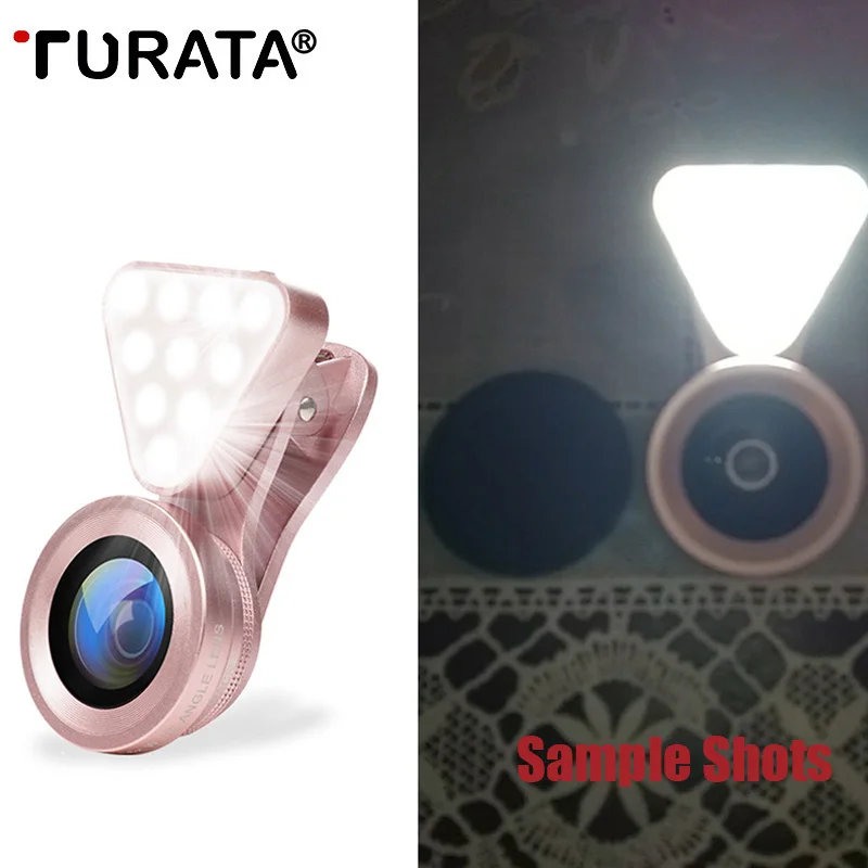 

TURATA Universal Selfie Led Flash Fill Light Clip Camera Len For iPhone Samsung Phone Beauty Light Wide Angle+10X Micro Lens