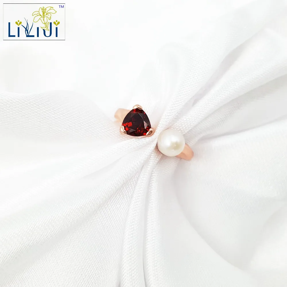 

LiiJi Unique Natural Stone Garnet Freshwater Pearl 925 Sterling silver Charm Wedding Party Ring