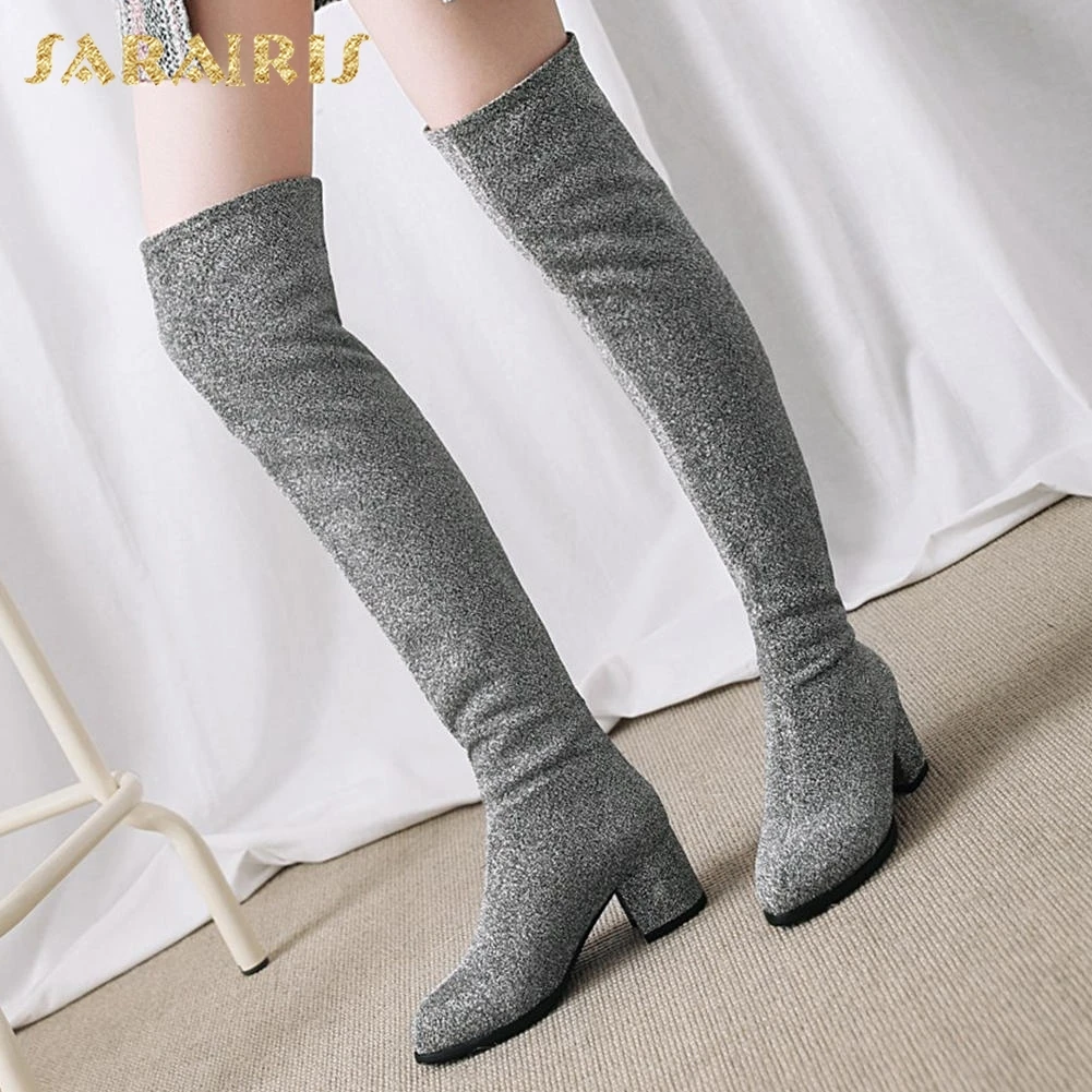 

SARAIRIS Plus Size 32-43 new Sock Boots Woman Shoes Fashion Over-the-knee Boots Female Chunky High Heels Party Shoes Woman