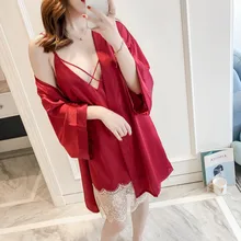 Women Silky Satin 2 Pieces Sleepwear Summer Robe Nightgown Set Lace Trim Kimono Night Dress Sexy V-Neck Nightwear Home Wear
