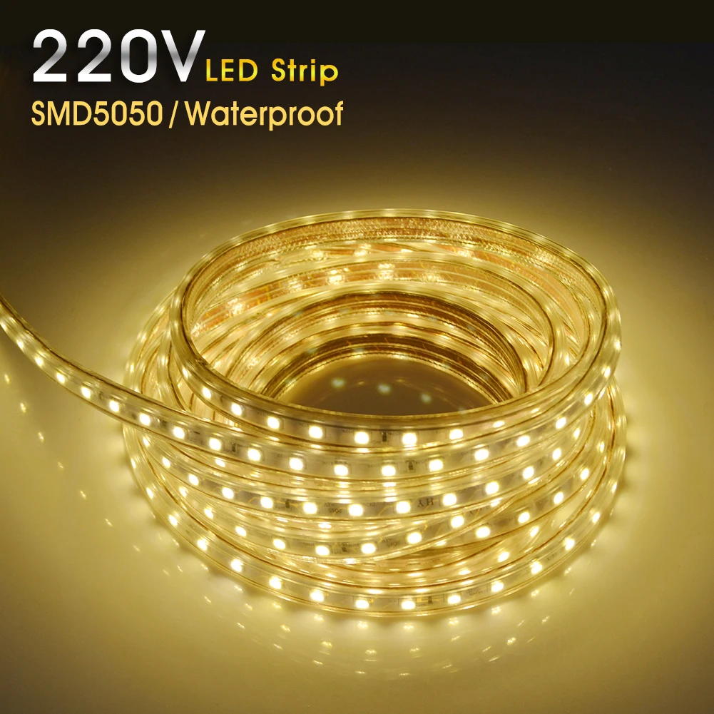 buy 220V LED Strip Waterproof SMD5050 LED Light Flexible Lights LED Strips Tape Ribbon 1 2 3 4 5 10m 60LEDs m Home Decorate Lighting