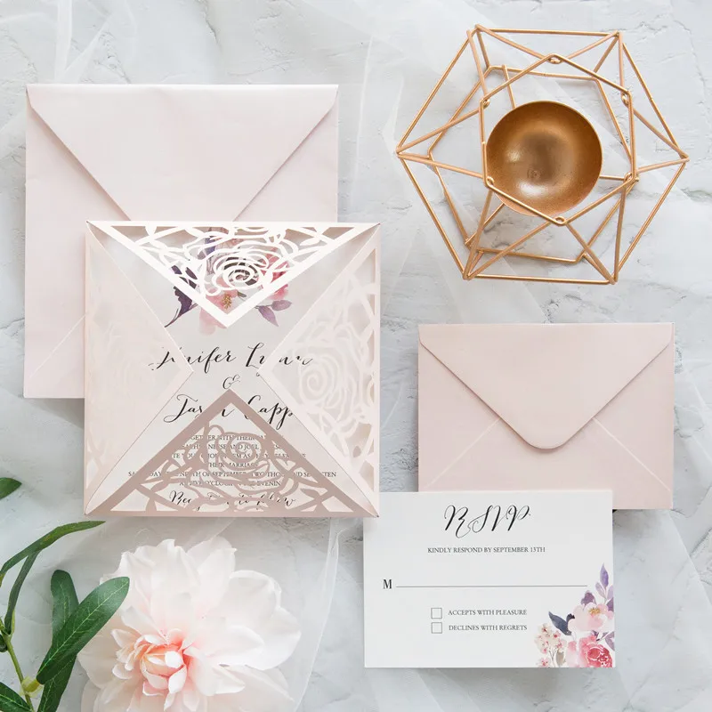 blush-pink-laser-cut-wedding-invite-with-floral-accent-in-lavender-and-mauve-EWDM003-1