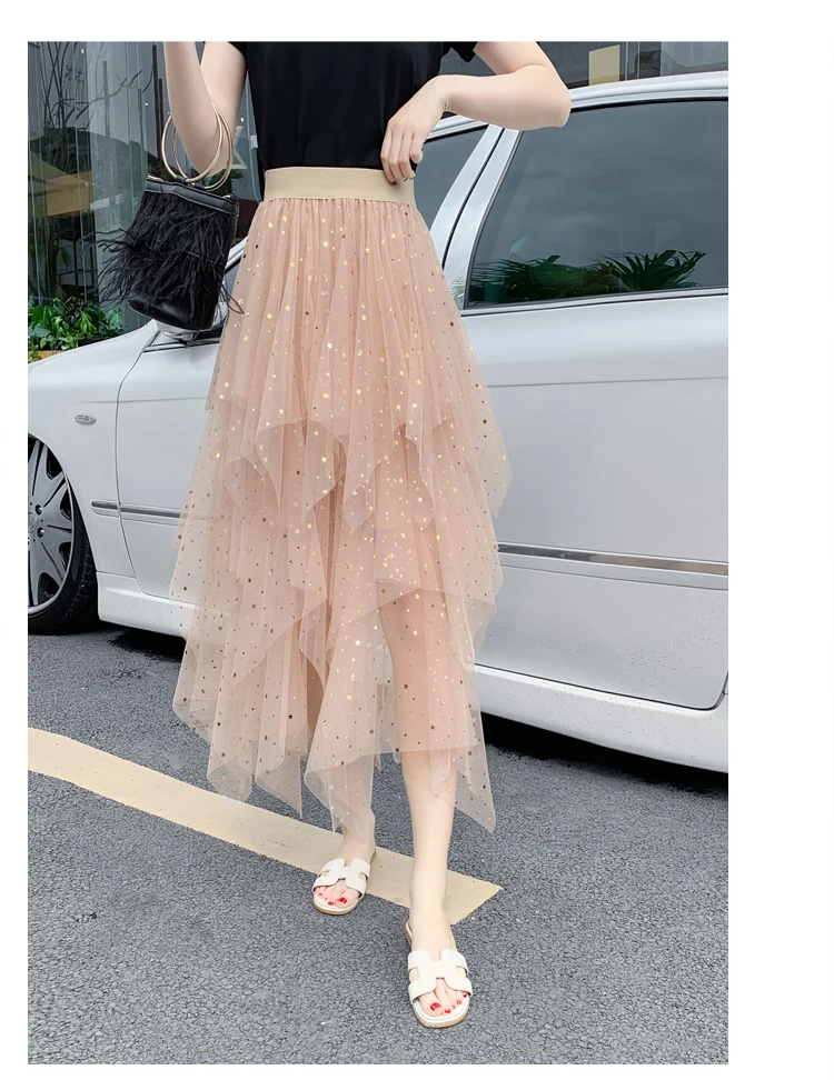Women's Skirts Summer 2020 New Korean Stars Sequin Elegant High Waist A-line Pleated Elastic Belt School Spring Midi Skirt Femme