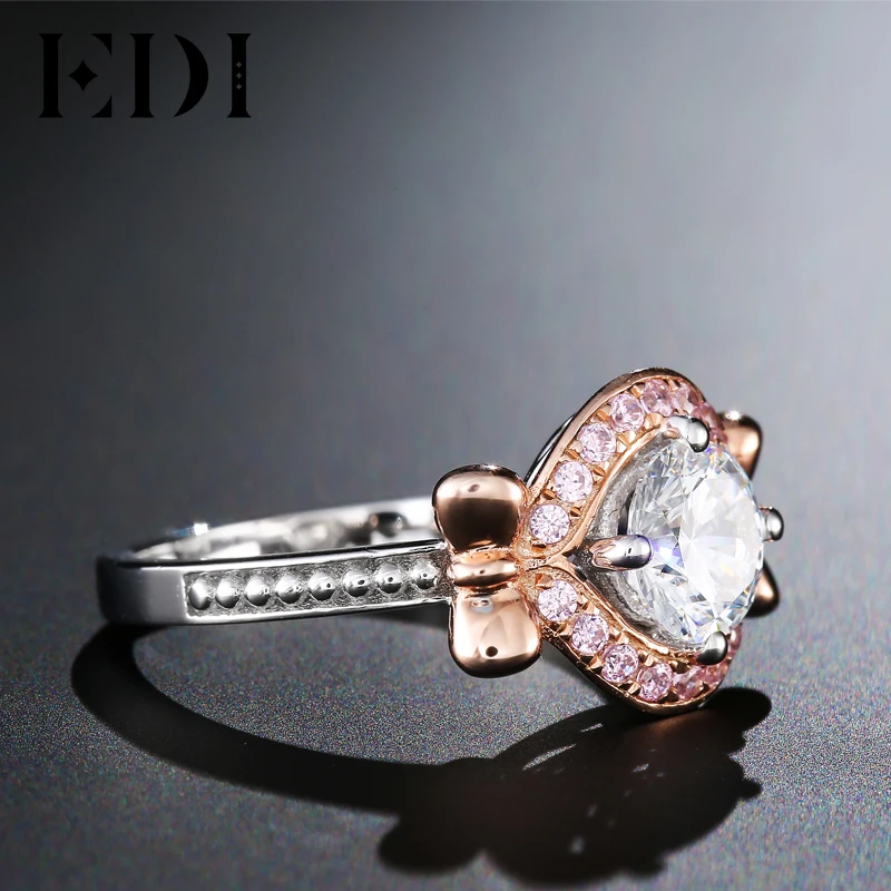 EDI Романтический 14 к розовое Белое золото Круглый вырез кольцо с алмазом moissanites розовый сапфир обручальные кольца для женские группы ювелирных изделий