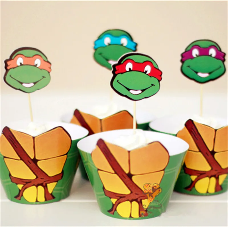

Handmade 12pcs Cupcake Wrappers+12pcs Topper Teenage Mutant Ninja Turtles Kids Birthday Party Decor Favor Cake Toppers Supplies