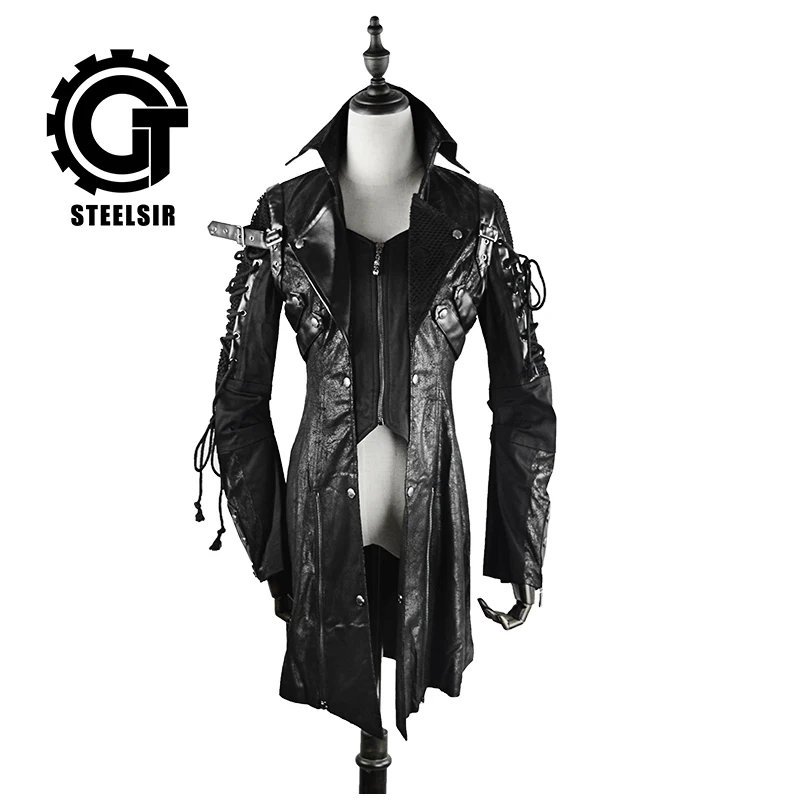 

2019 Fashion Punk Jacket Military Uniform Autumn Winter Casual Overcoats Gothic Retro Style Faux Leather Long Coats for Women