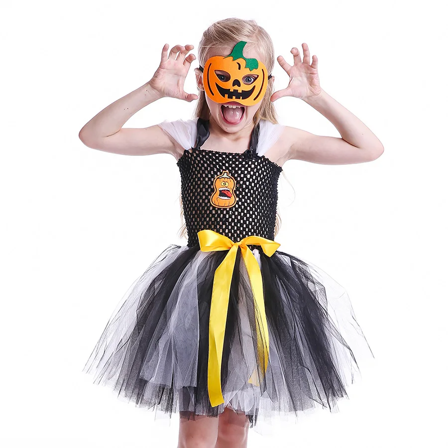 Kids Halloween TUTU Dress Girls Black White Tulle Costume with Pumpkin Mask (3)
