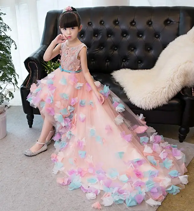 

New Arrival Long Trailing Appliques Girl Wedding Princess Flower Girl Dresses Baptism Party Birthday Gown First Communion Dress