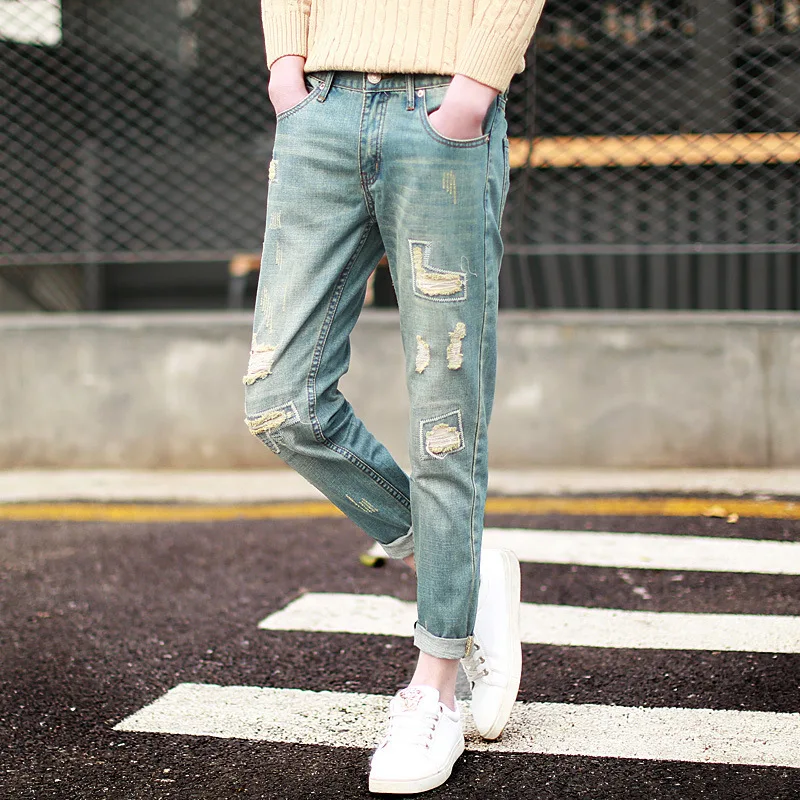 

Fashion 2017 Spring Summer Harem Vintage Hip Hop patch Ripped hole Distressed Moustache Effect Ankle Length men's Pencil jeans