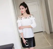 2017 new female spring with a word collar strapless blouse shirt loose shirt