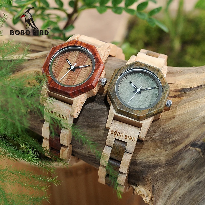 Kopen BOBO VOGEL WM25M26 Duotone Houten Quartz Horloge Voor Vrouwen Creatieve Ontwerp Octagon Prachtige Horloges Geschenkdoos OEM