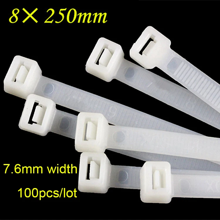 

100pcs 8*250mm White Black Nylon 66 Network Electric Wire String Zip Fastener Self-Locking Plastic Cable Tie (7.6mm Width)