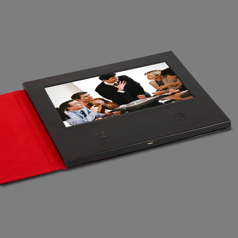 Изготовленный На Заказ 7-дюймовый высококачественный кожаный видео брошюра Универсальный видео поздравительные открытки просмотр буклет для рекламы бизнес