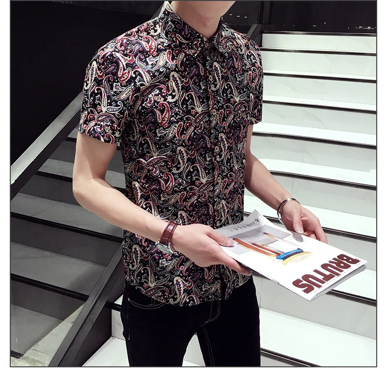 Toturn Мужская рубашка с коротким рукавом из хлопка, Модные приталенные мужские рубашки с цветочным принтом, винтажная мужская одежда с принтом