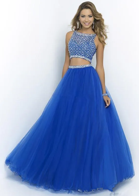 

Custom Made 2017 Long two Pieces Prom Dresses Coral Colored Prom Gowns Daffodil Crystal Beading Party Dress