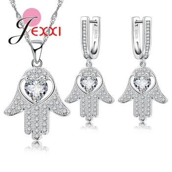 

Shining Real 925 Sterling Silver Women Jewelry Sets for Wedding Engagement Heart with Palm Design Necklace Earrings