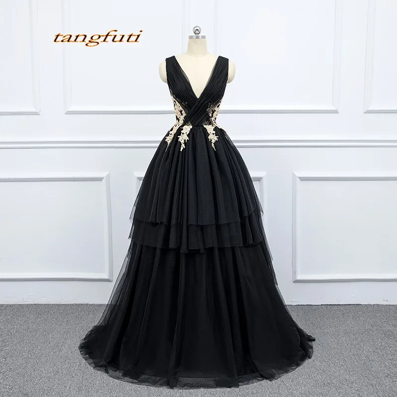 

Black Evening Dresses Party Long A Line Women Beautiful V Neck Pleat Lace Tulle Prom Formal Evening Gown Dress for Wedding