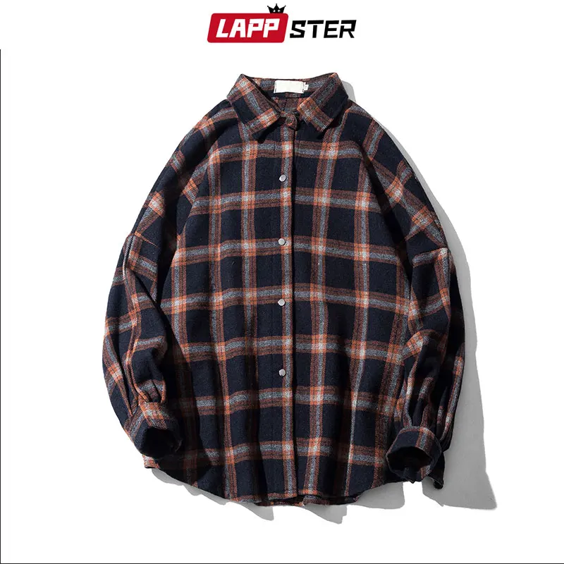 LAPPSTER Men Harajuku Color Block Plaid Shirt 2021 Man Streetwear Fleece Shirts Long Sleeve Male Vintage