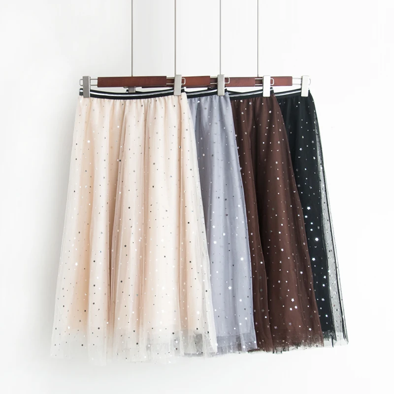Весна Новая женская звезда расшитая блестками марлевая юбка Женская эластичная талия длинная секция плиссированные юбки