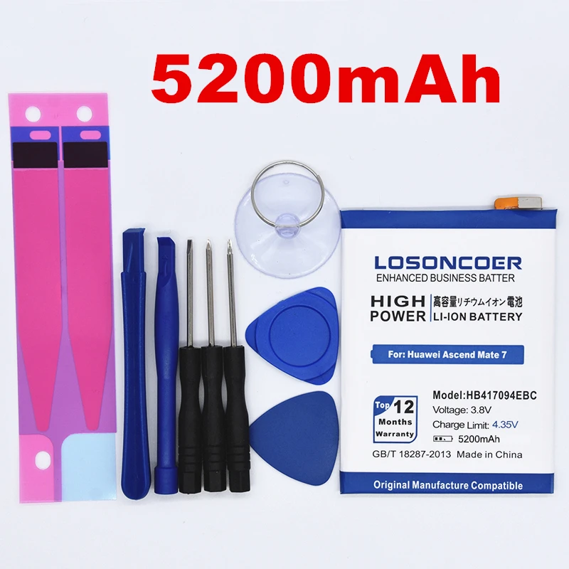 

100% Original LOSONCOER 5200mAh HB417094EBC Replacement Battery for Huawei Ascend Mate 7 Battery Mate7 MT7 TL00 TL10 UL00 CL00