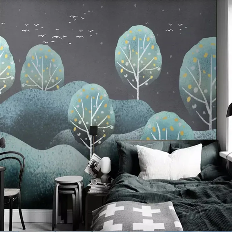 Custom wallpaper hand-painted forest landscape retro modern minimalist background wall painting high-grade waterproof material Custom wallpaper hand-painted forest landscape retro modern minimalist background wall painting high-grade waterproof material